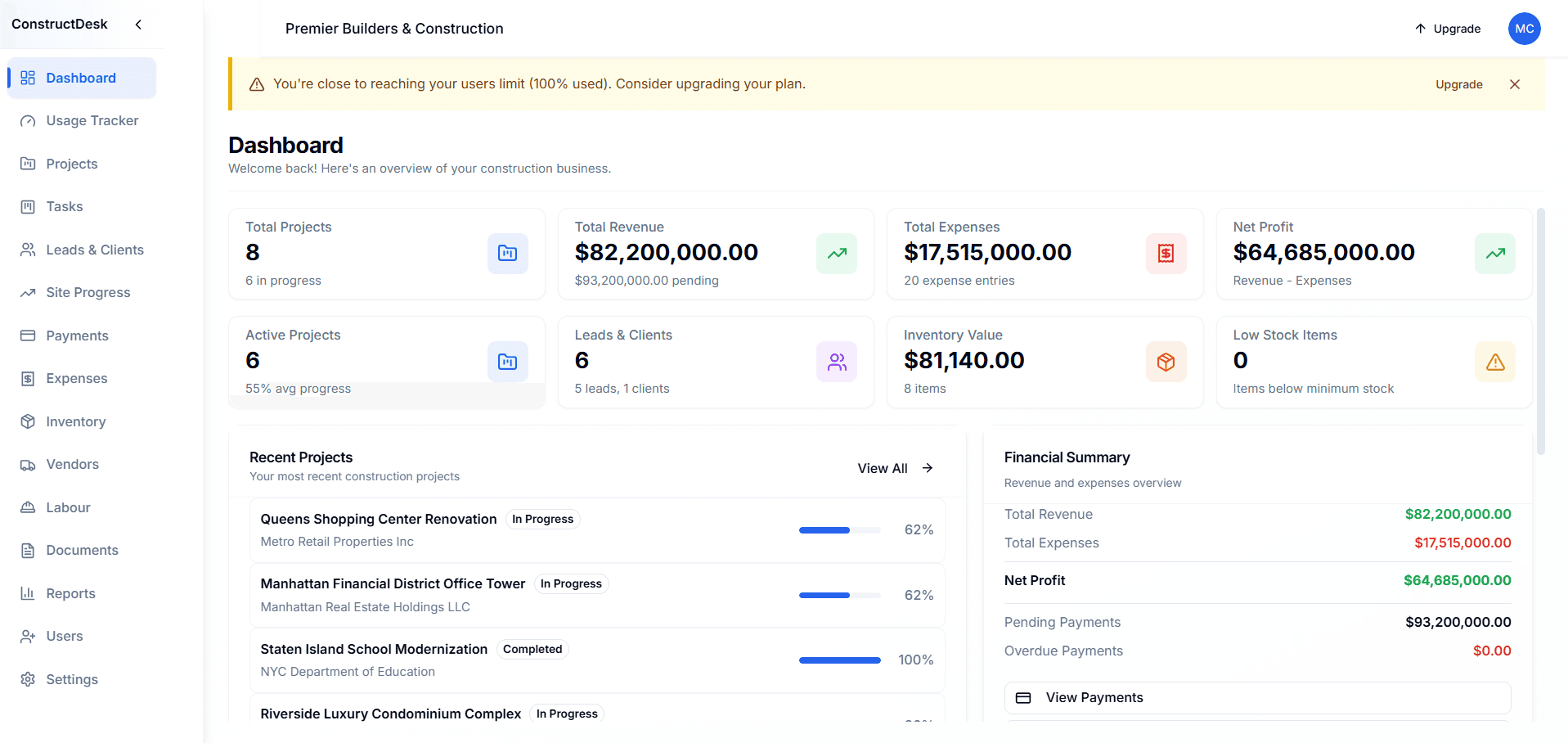 ConstructDesk Dashboard